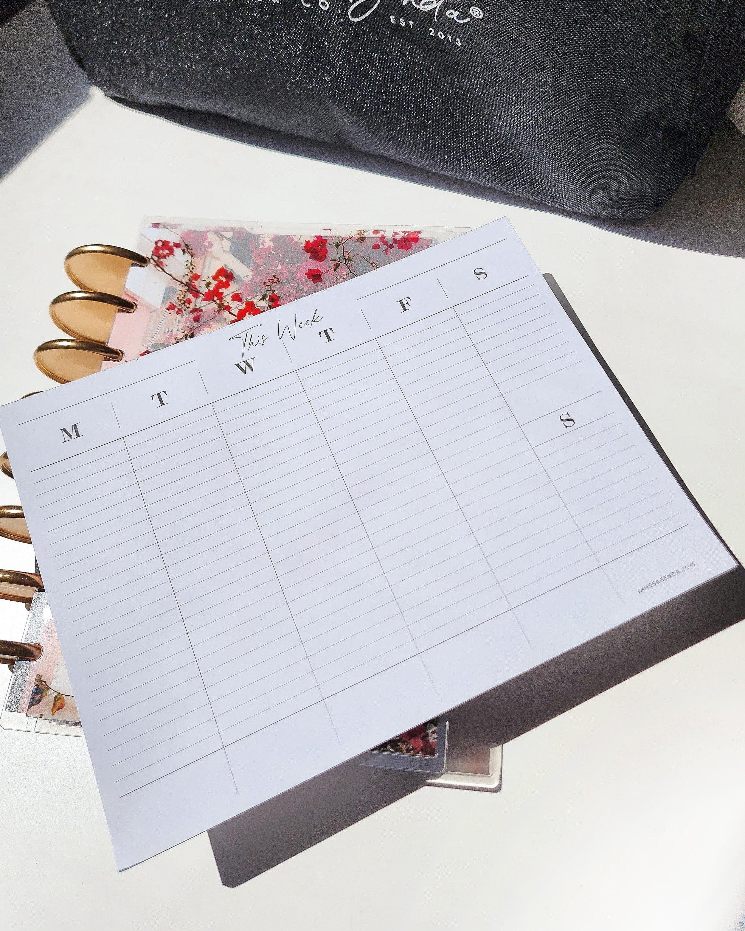 Weekly calendar desk pad for notes, tasks, and scheduling by Janes Agenda.