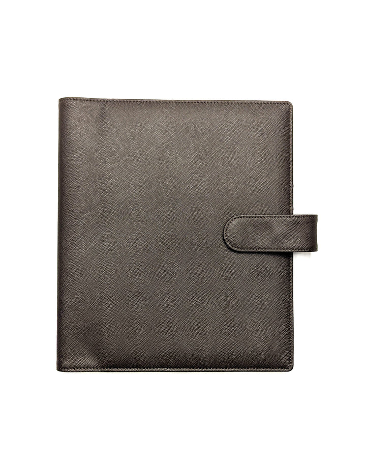 Discbound chocolate saffiano leather planner cover by Jane's Agenda.