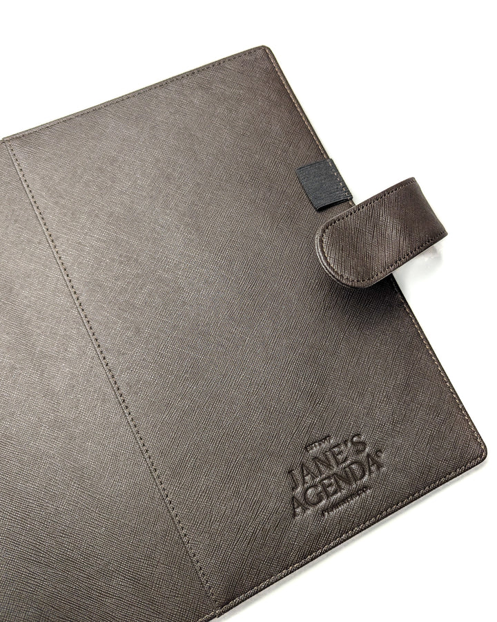 Discbound chocolate saffiano leather planner cover by Jane's Agenda.