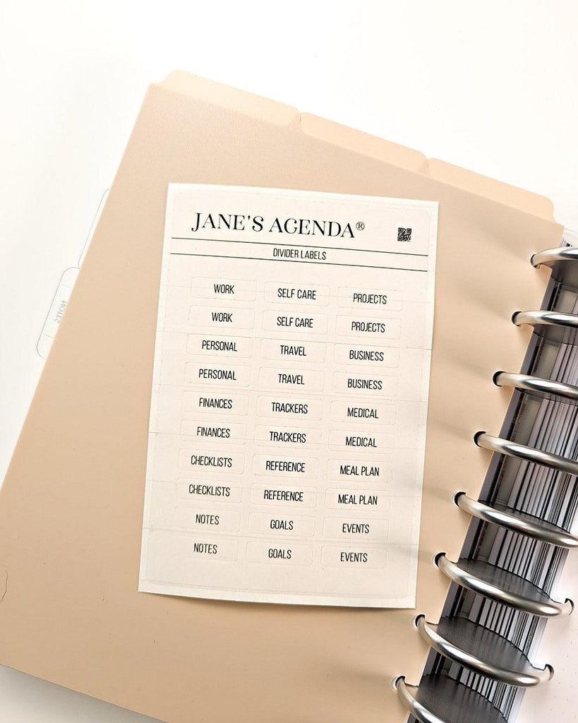 Planner divider labels that are clear and adhesive for discbound and ringbound planners by Jane's Agenda.
