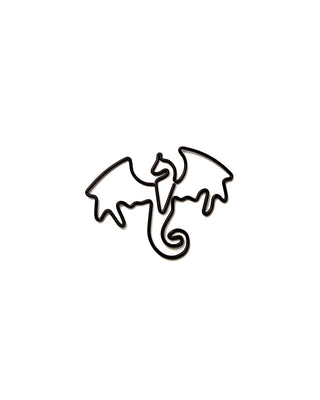 Black dragon-shaped metal paper clip with an open outline design, displayed on a clean white background. The whimsical fantasy-inspired bookmark clip features spread wings and a curled tail, making it a decorative planner or book accessory.