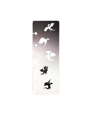 Transparent discbound planner bookmark featuring five dragon silhouettes in alternating black and white on a frosted clear background. The bookmark includes mushroom disc binding holes and a minimalist fantasy-inspired design, displayed against a clean white background.