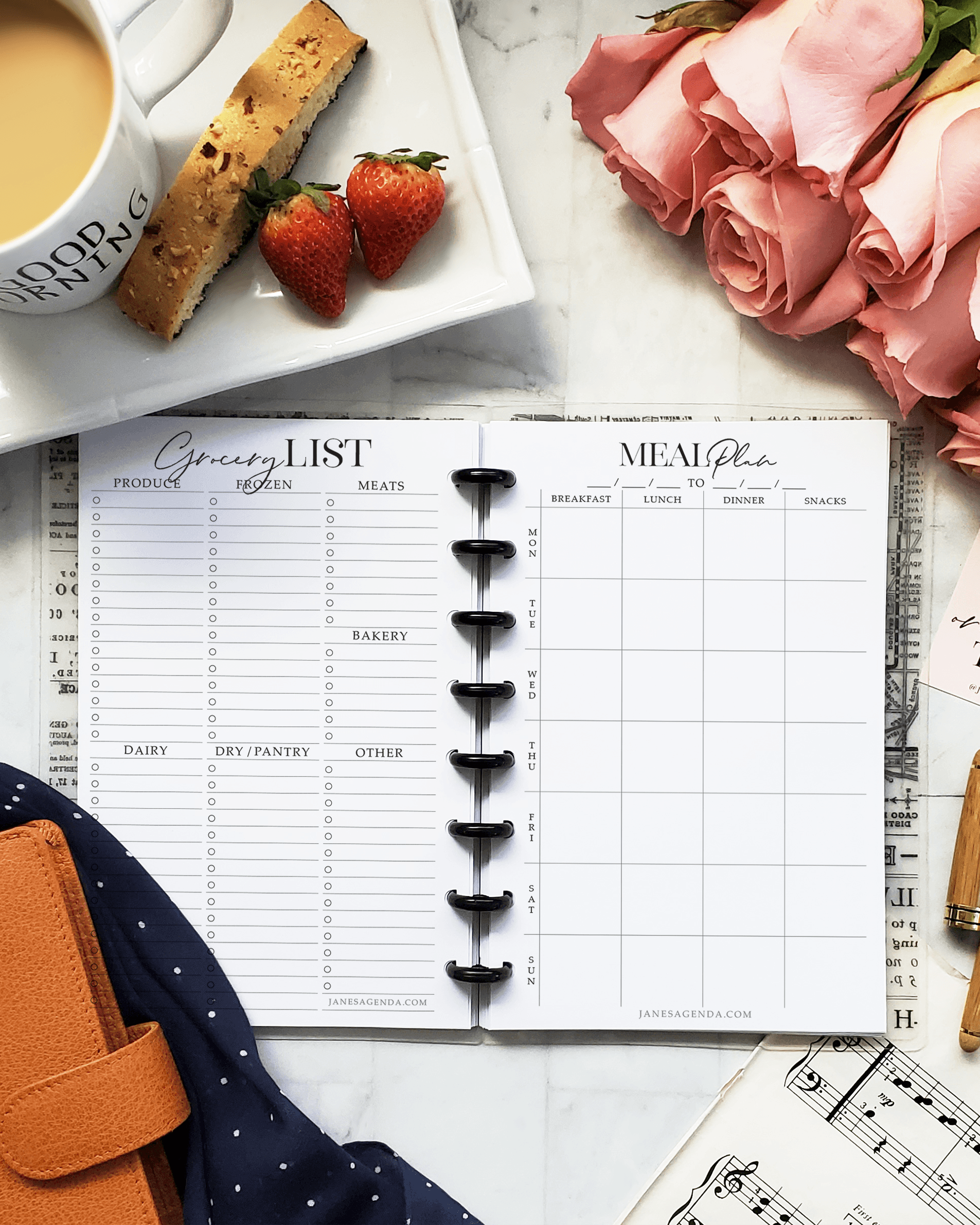 Meal planning with grocery lists planner inserts for discbound planner systems by Jane's Agenda®