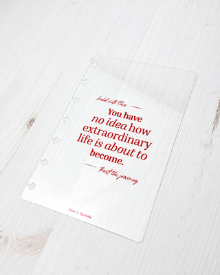 Jane's Agenda motivational quote clear transparent Planner Dashboard with red typography — see-through inspirational Discbound Planner Dashboard accessory for women