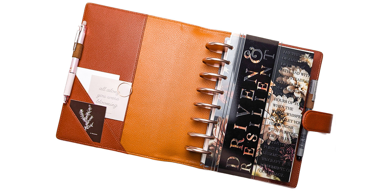 Fall leaf vegan leather discbound planner cover with rose gold binding discs by Jane's Agenda.