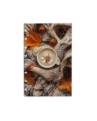 Spiced latte wrapped in scarf with fallen leaves and pinecones