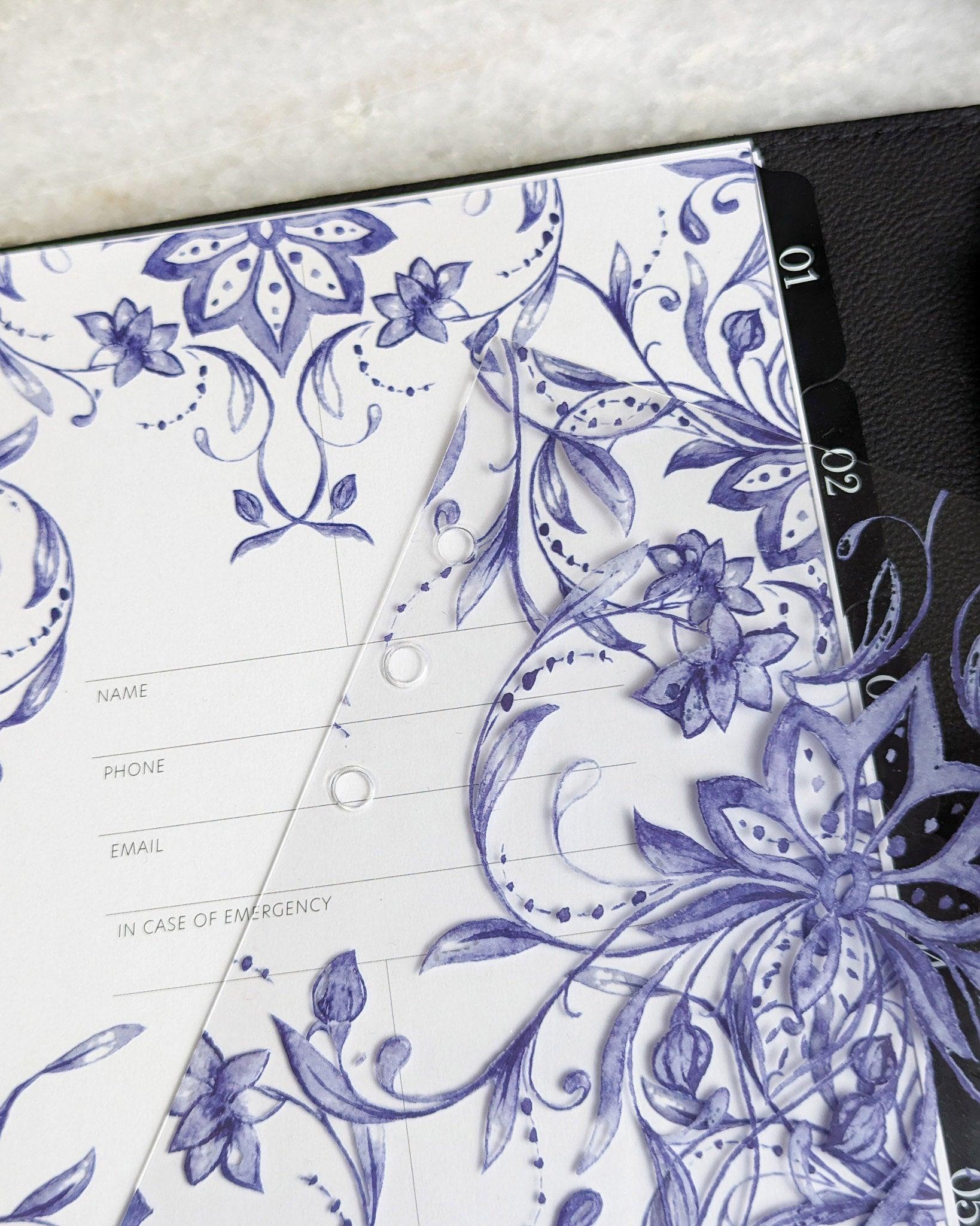 Blue filigree planner dashboards for A5 and Half-letter size planner systems by Jane's Agenda.
