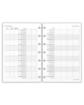A two-page planner insert spread of a disc-bound planner insert debt tracker features clean white paper with light gray grid lines and black printed text for tracking debt, balances, dates, and notes.