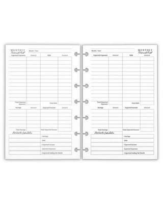 An open two-page monthly financial report planner insert for disc-bound planners with lined tables for expenses, savings, debt, and debt payoff calculations, shown on a plain white background.