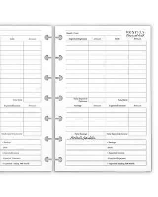 A two-page monthly financial track sheet disc-bound planner insert. The pages are white and feature columns for income, expenses, debt, savings, and a default deduction calculation.