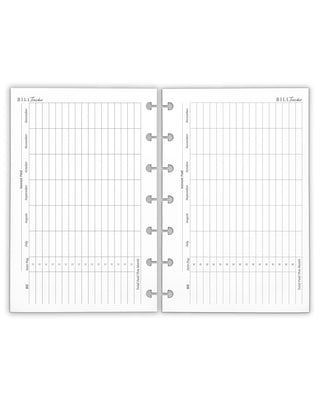 A discbound planner insert showing two white pages labeled 'Bill Tracker'.