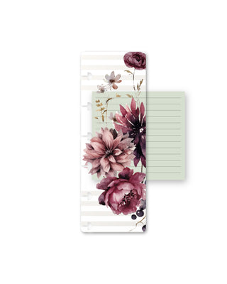 Jane’s Agenda discbound planner pagefinder featuring delicate burgundy, mauve, and blush pink floral illustrations with botanical accents on a soft cream and white striped background. A pale sage green lined note section is layered behind the pagefinder, creating an elegant floral design with disc-punched edges for easy planner customization.