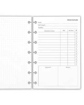 Focus outline planner inserts for discbound planner systems.