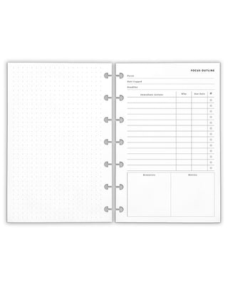 Focus outline planner inserts for discbound planner systems.