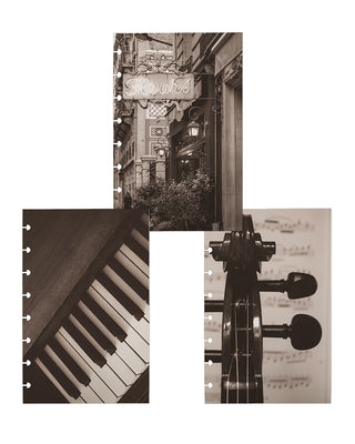 Set of three sepia-toned heavy cardstock planner dashboards featuring a piano keyboard, a cello scroll with sheet music, and a Parisian-style street scene with a neon “Fleurs” sign on a white background.