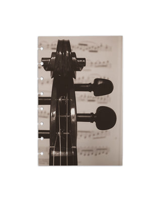 Sepia-toned heavy cardstock dashboard for discbound planners featuring a cello scroll with blurred sheet music in the background, evoking classical music aesthetics on a white background.