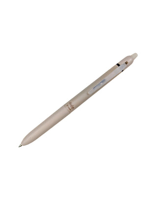 Beige retractable and erasable Pilot frixion brand pen that has black ink, a rubber grip, and .05 writing tip on a white background
