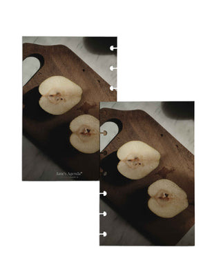Jane's Agenda discbound planner dashboard inserts double sided – moody dark food photography sliced pears on rustic wood cutting board, cottagecore aesthetic planner accessories
