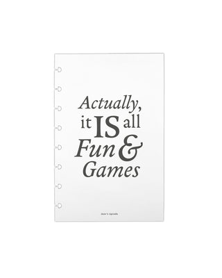 Discbound dashboard sheet with text 'Actually, it IS all Fun & Games' on a white background