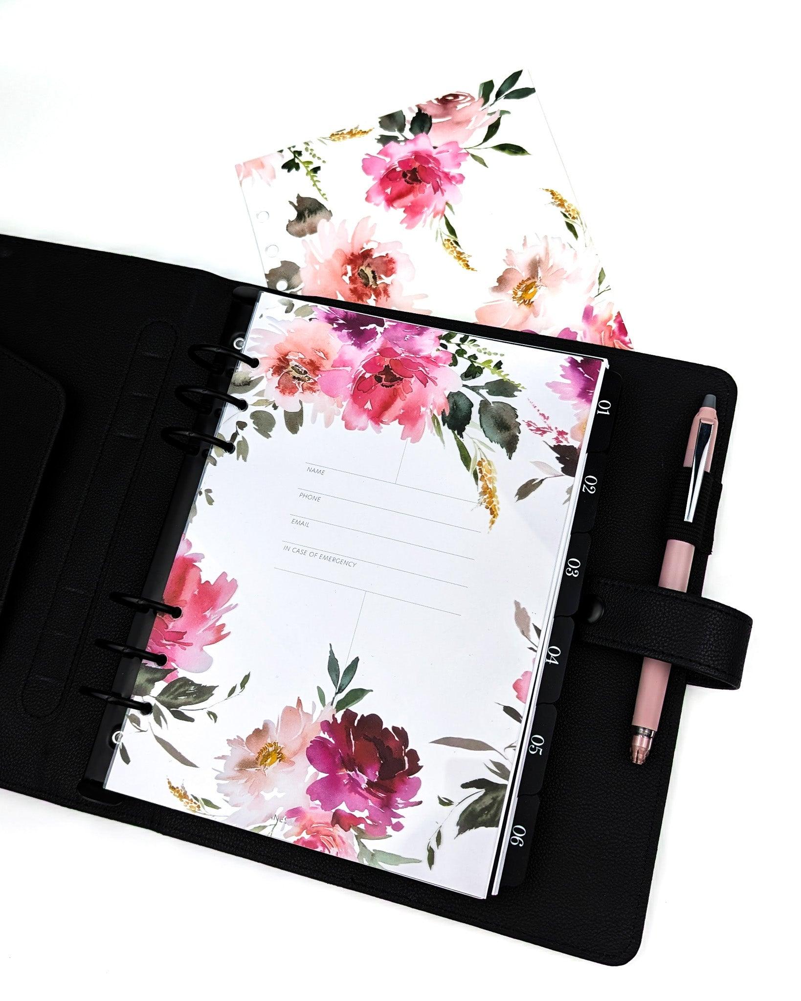 Floral clear plastic dashboard set for A5 six ring planners by Jane's Agenda .