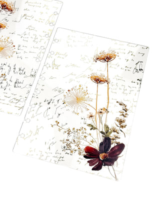 Clear Jane’s Agenda discbound planner dashboard featuring delicate pressed wildflowers in cream and gold tones with a deep burgundy bloom, layered over an elegant handwritten script design.