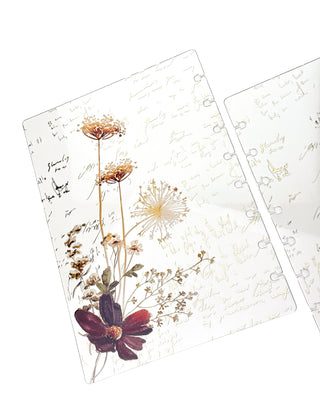 Clear Jane’s Agenda discbound planner dashboard featuring delicate pressed wildflowers in cream, gold, and deep burgundy tones layered over an elegant handwritten script design.