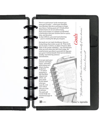 Open discbound planner with a page showing goal-setting introductions on a white background