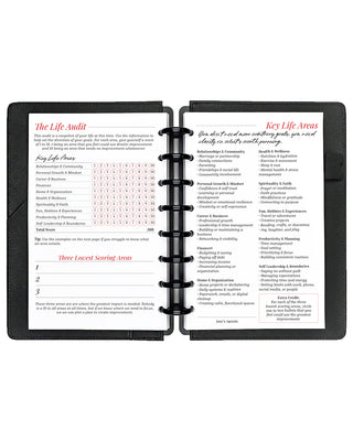 Open planner with life audit and key life areas sections on a white background