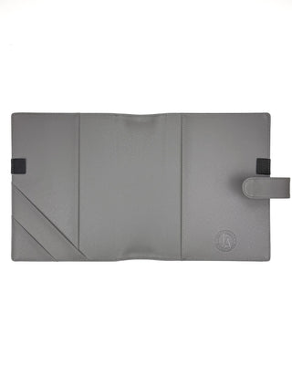 Gray Vegan leather planner wrap cover on a white background.
