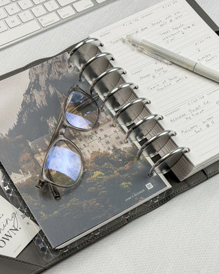 Open Jane’s Agenda discbound planner with silver metal discs, handwritten weekly planner pages, a scenic castle dashboard, eyeglasses, and a white pen on a desk beside a keyboard.