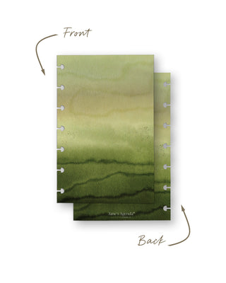 Front and back views of a pair of discbound planner covers featuring a soft green watercolor landscape design with layered gradients and organic textures. The coordinating back cover includes subtle Jane’s Agenda branding near the bottom.