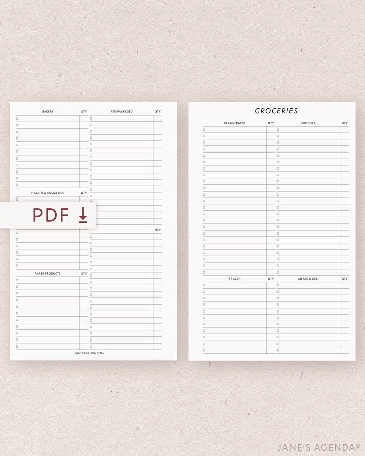 Printable Grocery Lists Planner Inserts for Discbound and A5 Planners by Jane's Agenda.