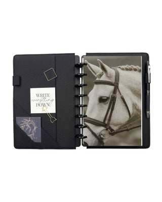 Jane's Agenda open black pebbled leather discbound planner with horse photography dashboard, interior card pockets, pen loop, and gold paper clip accessories