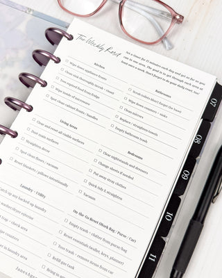 Jane's Agenda Weekly Reset household cleaning checklist Planner Insert with kitchen, bathroom, bedroom and laundry sections — refillable Discbound Planner Insert for women