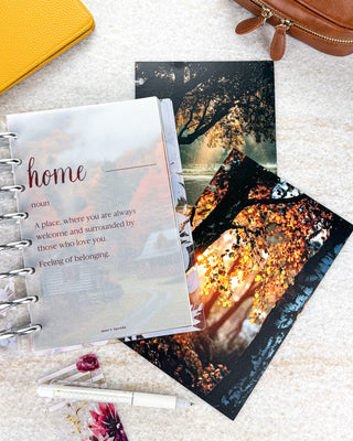 Jane’s Agenda fall planner collection featuring a translucent “home” definition vellum dashboard alongside coordinating autumn dashboards with sunlit trees and golden foliage. Styled with silver discs, a white pen, floral accents, and warm yellow and brown accessories.
