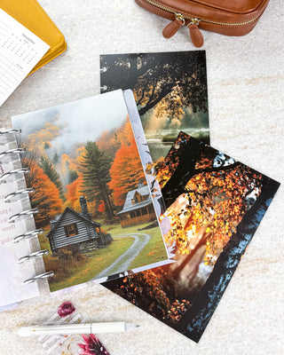 Jane’s Agenda fall-themed planner dashboards featuring a cozy cabin surrounded by vibrant orange and golden autumn trees, paired with coordinating scenic dashboards of sunlit fall foliage and a peaceful wooded landscape. Styled with silver discs, a white pen, and warm brown and mustard accessories.