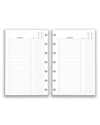 Two-page planner spread with "Waiting On" task list template for tracking delegated tasks and follow-up dates
