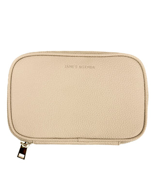 Beige vegan leather pen case with 'Jane's Agenda' branding on a white background