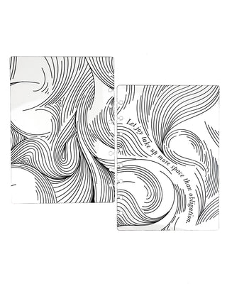 Front and back discbound planner covers featuring bold black abstract line artwork on a clear background. The front cover includes the quote, “Let joy take up more space than obligation.”