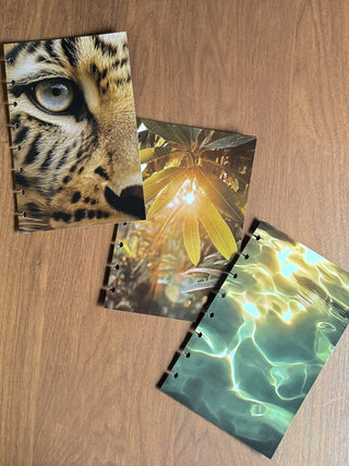Jane's Agenda set of three decorative Planner Dashboards — leopard eye, golden tropical leaves, and shimmering water prints. Photo-quality full-page discbound planner dashboards.