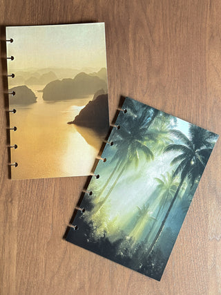 Jane's Agenda tropical Planner Dashboards — set of two decorative discbound planner dashboards featuring a golden seascape and palm forest print. Full-page photo-quality dashboards for discbound systems.