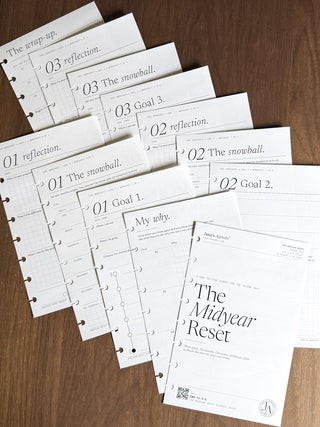Jane's Agenda The Midyear Reset Planner Inserts — a goal-setting planner refill with "My Why," goal worksheets, snowball trackers & reflection pages. Junior size, 12 sheets, designed for discbound planner systems.
