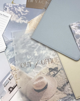 Jane's Agenda coastal travel Discbound Planning set with 'Out of Office' Vellum Planner Dashboard, beach Planner Dashboards, trip Planner Inserts and reversible vegan leather Planner Cover