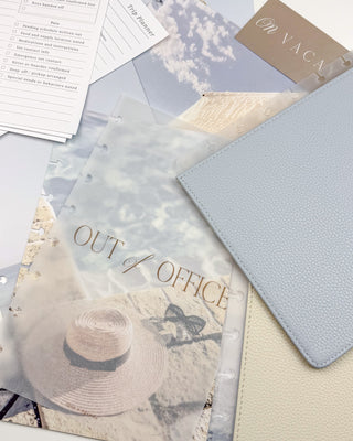 Jane's Agenda coastal travel Discbound Planning theme with 'Out of Office' Vellum Planner Dashboard, trip and pet care Planner Inserts and reversible vegan leather Planner Cover