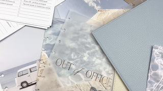 Jane's Agenda clear 'Out of Office' Vellum Planner Dashboard with coastal van and ocean Planner Dashboards and travel Planner Inserts — summer Discbound Planning system for women