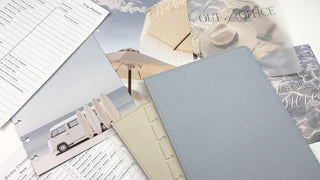 Jane's Agenda coastal travel Discbound Planning theme with trip planner and home closeout Planner Inserts, beach Planner Dashboards and light blue cream reversible vegan leather Planner Cover