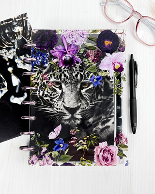 Jane's Agenda wild floral Discbound Planner Cover with Leopard dashboard and numbered tab Planner dividers on metal binding discs — refillable Discbound Planner for women
