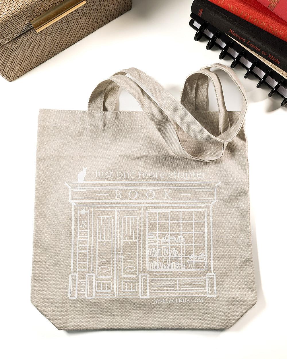 Library tote bag with a cute image and quote by Jane's Agenda.