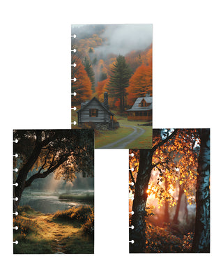 Set of three discbound planner dashboards featuring cozy autumn landscapes, including rustic cabins surrounded by colorful fall foliage, a peaceful misty pond, and golden sunlight shining through autumn trees.