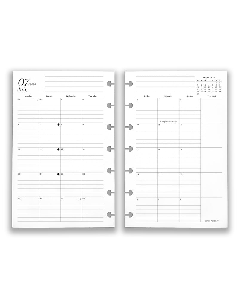 Jane's Agenda 2026 discbound planner insert two-page monthly spread showing July 2026 lined weekly grid with moon phases and Friday through Sunday columns with August 2026 mini calendar and "This Week" sidebar on right